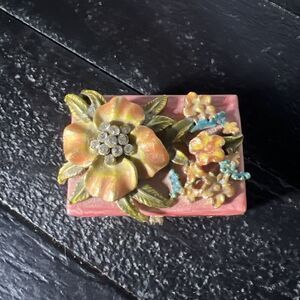 Vintage Bejeweled Floral Pink & Gold Enamel Vanity Trinket Box 2" Long